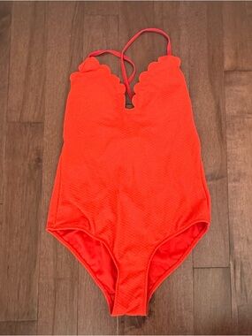 Scalloped V-Neck One-Piece Swimsuit in Bright Red/Coral